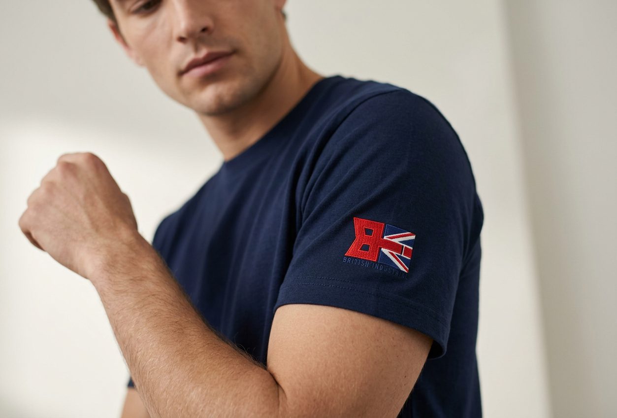 Navy tee with embroidered sleeve badge