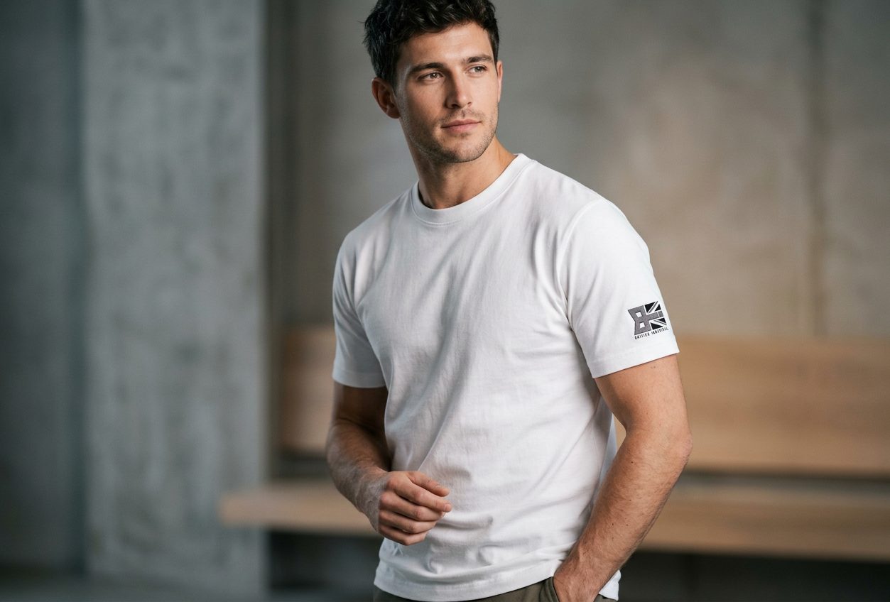 White tee with sleeve logo